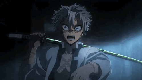 A Man Is Holding A Sword In A Dark Room . GIF