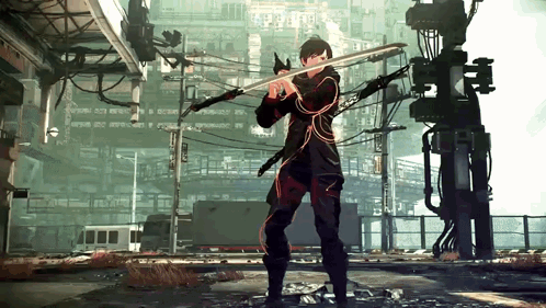 A Man Is Holding A Sword In A Video Game With A Sign That Says ' Samurai ' On It GIF