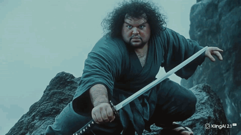 A Man Is Holding A Sword In Front Of A Kingal 2.1 Logo GIF