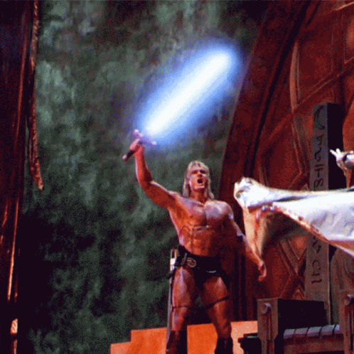 A Man Is Holding A Sword In Front Of A Wall With A Pillar That Says ' Lp ' On It GIF