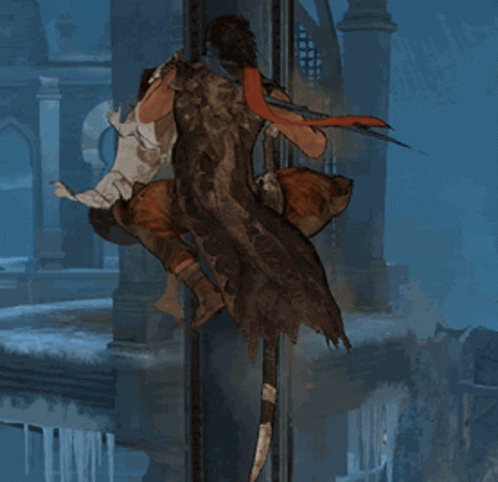 A Man Is Holding A Sword Over A Woman Who Is Flying Through The Air GIF