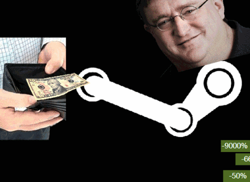 A Man Is Holding A Wallet Full Of Money With A Steam Logo Behind Him GIF