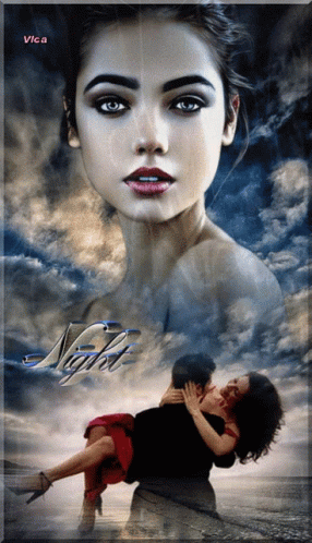 A Man Is Holding A Woman In His Arms With The Word Night Written On The Bottom GIF