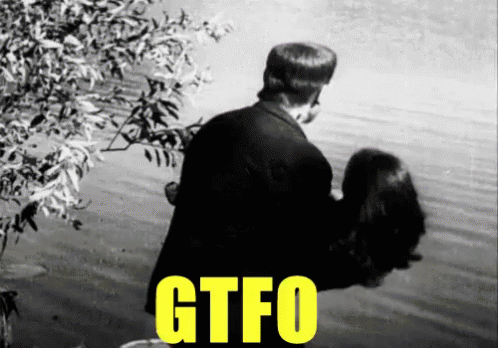 A Man Is Holding A Woman 'S Head In Front Of A Body Of Water And The Word Gtfo Is On The Bottom GIF