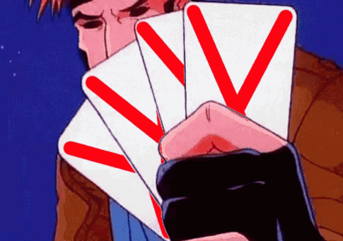A Man Is Holding Four Playing Cards With Red Stripes GIF
