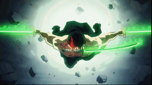 A Man Is Holding Two Green Swords In His Hand GIF
