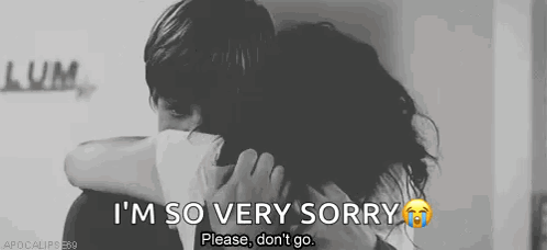 A Man Is Hugging A Woman With The Words I 'M So Very Sorry Please Do N't Go . GIF