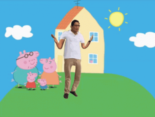 A Man Is Jumping In Front Of A Peppa Pig Drawing GIF