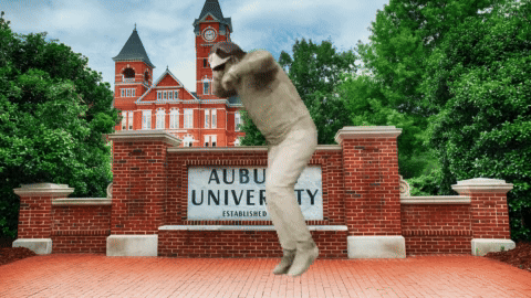A Man Is Jumping In Front Of The Aubu University Sign GIF