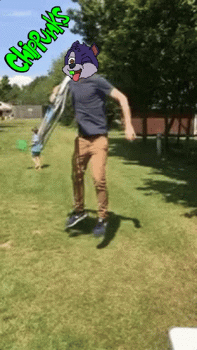 A Man Is Jumping In The Air With A Chipmunks Cartoon On His Face GIF