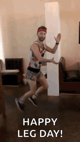 A Man Is Jumping In The Air With The Words `` Happy Leg Day ! '' GIF