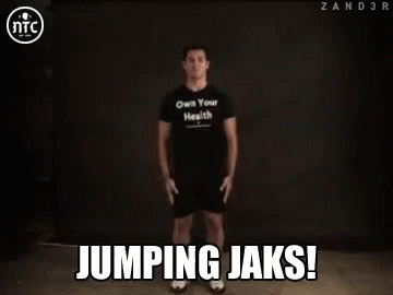 A Man Is Jumping In The Air With The Words Jumping Jaks Written Above Him GIF