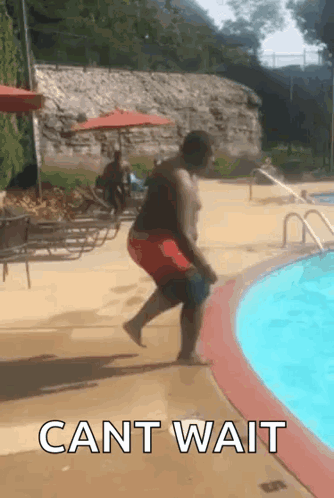A Man Is Jumping Into A Swimming Pool With The Words Cant Wait Written Below Him GIF