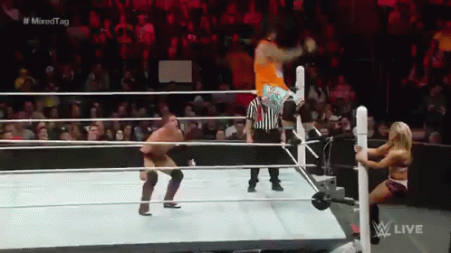 A Man Is Jumping Over A Woman In A Wrestling Ring During A Mixed Tag Match . GIF