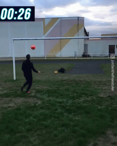A Man Is Kicking A Soccer Ball In Front Of A Scoreboard That Says 0:26 GIF