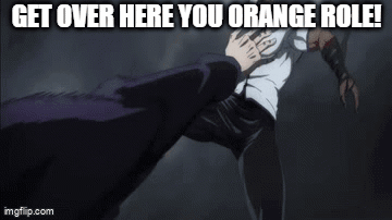A Man Is Kicking Another Man In The Face With The Words `` Get Over Here You Orange Role '' Written On The Bottom . GIF
