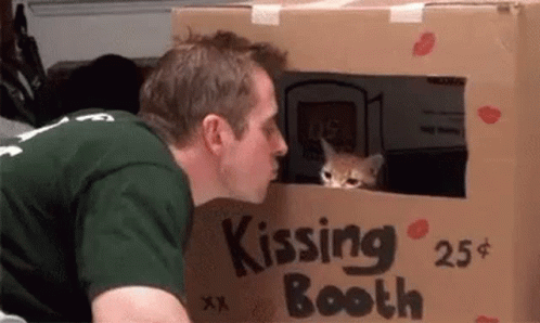 A Man Is Kissing A Cat In A Cardboard Box That Says Kissing Booth . GIF