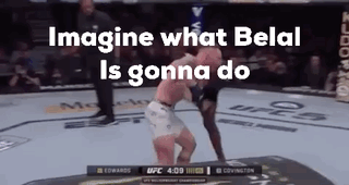 A Man Is Kneeling Down In A Boxing Ring With The Words Imagine What Belal Is Gonna Do Written Above Him . GIF