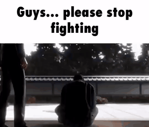 a man is kneeling down in front of a man standing next to him and says `` guys ... please stop fighting '' .
