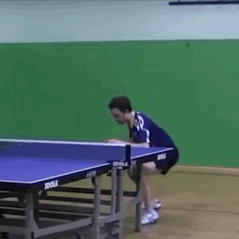 A Man Is Kneeling On A Ping Pong Table . GIF