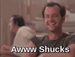 A Man Is Laughing With The Words `` Awww Shucks '' Written On The Screen . GIF