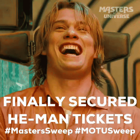 A Man Is Laughing With The Words Finally Secured He Man Tickets GIF