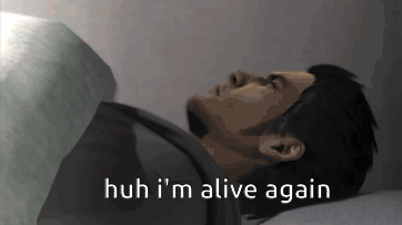 A Man Is Laying In A Bed With The Words Huh I 'M Alive Again Above Him GIF