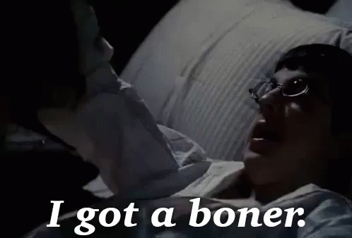 A Man Is Laying In Bed With His Mouth Open And The Words `` I Got A Boner '' On The Bottom . GIF