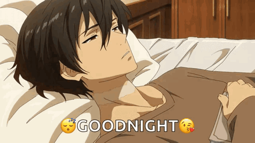 A Man Is Laying In Bed With The Words Goodnight Written Above Him GIF