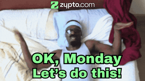 A Man Is Laying On A Bed With The Words " Ok Monday Let 'S Do This " GIF