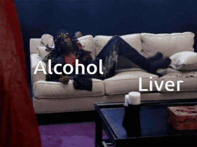 A Man Is Laying On A Couch With The Words Alcohol Liver Written On The Bottom GIF
