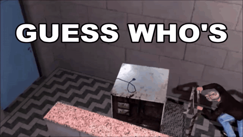 A Man Is Laying On The Floor With The Words Guess Who 'S Written Above Him GIF