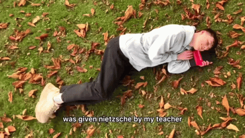 A Man Is Laying On The Grass With A Book And The Words Was Given Nietzsche By My Teacher GIF