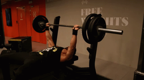 A Man Is Lifting A Barbell On A Bench In Front Of A Sign That Says Free Yachts GIF
