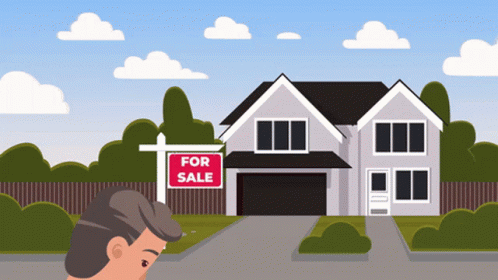 A Man Is Looking At A House With A For Sale Sign In Front Of It GIF