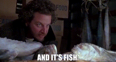 A Man Is Looking At A Large Fish With The Words `` And It 'S Fish '' Written Next To Him . GIF