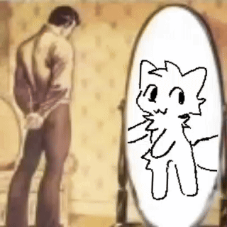 A Man Is Looking At Himself In A Mirror With A Drawing Of A Cat In The Mirror . GIF