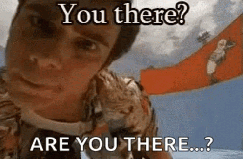 A Man Is Looking At The Camera With The Words `` You There ? Are You There ? '' Written On His Face . GIF