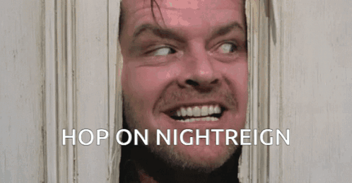 A Man Is Looking Through A Door With The Words Hop On Nightreign Written Below Him GIF