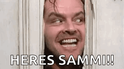 A Man Is Looking Through A Hole In A Door With The Words `` Heres Sammi ! '' GIF