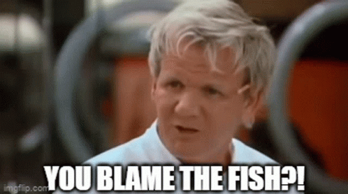 A Man Is Making A Funny Face And Saying `` You Blame The Fish '' . GIF