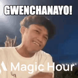 A Man Is Making A Funny Face With The Words Gwenchanayo ! Magic Hour Written On The Bottom . GIF