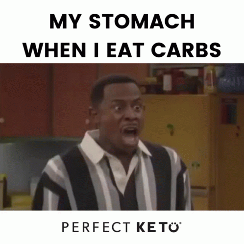 A Man Is Making A Funny Face With The Words " My Stomach When I Eat Carbs " GIF