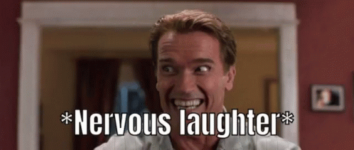 A Man Is Making A Funny Face With The Words `` Nervous Laughter '' Written Above Him . GIF