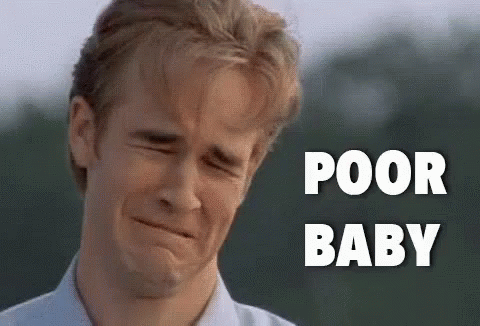 A Man Is Making A Funny Face With The Words Poor Baby Behind Him . GIF