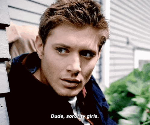 A Man Is Peeking Out From Behind A Wall And Says Dude , Sorority Girls GIF