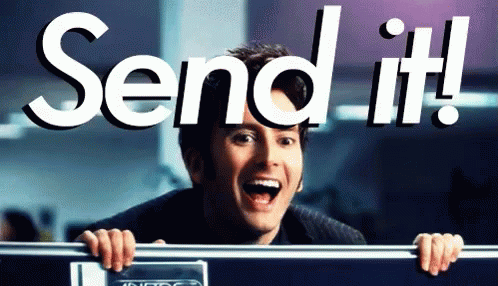 A Man Is Peeking Over A Railing With The Words Send It Behind Him GIF