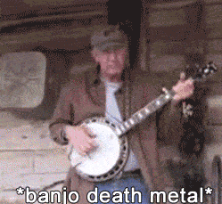 Man Playing Banjo With Death Metal Text GIF