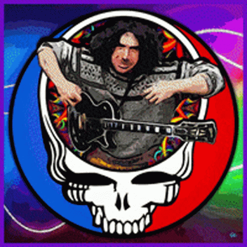 A Man Is Playing A Guitar In A Circle With A Skull In The Background GIF