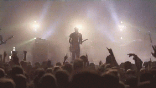 A Man Is Playing A Guitar In Front Of A Crowd Of People GIF